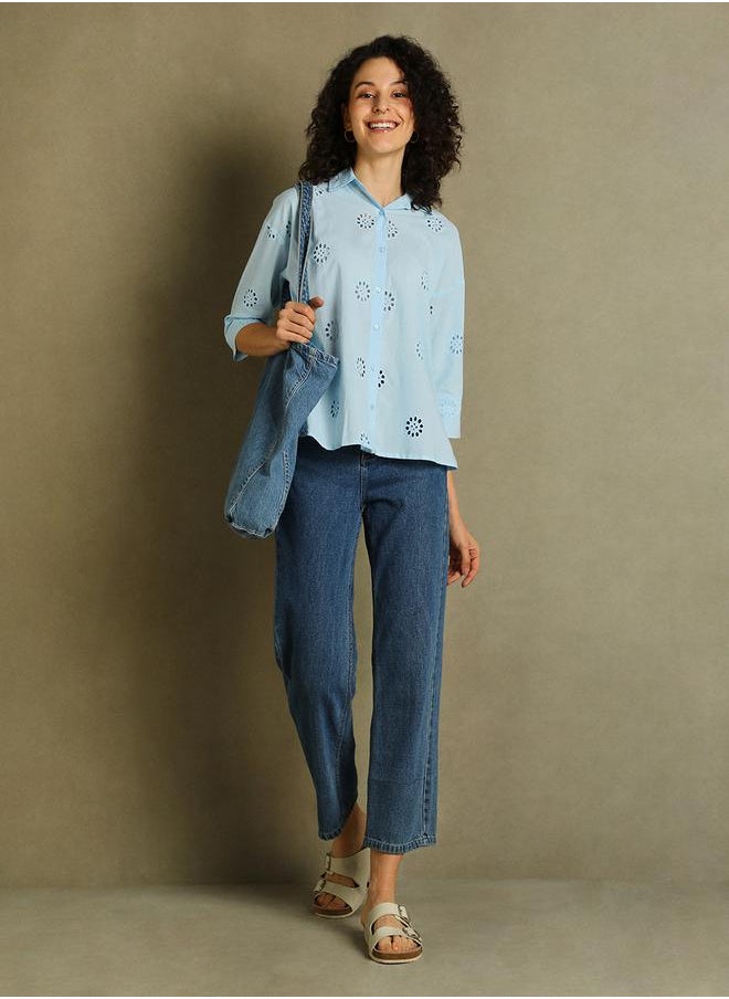 Dennis Lingo Schiffli Design 3/4 Sleeves Relaxed Fit Shirt by Styli  - Image 5