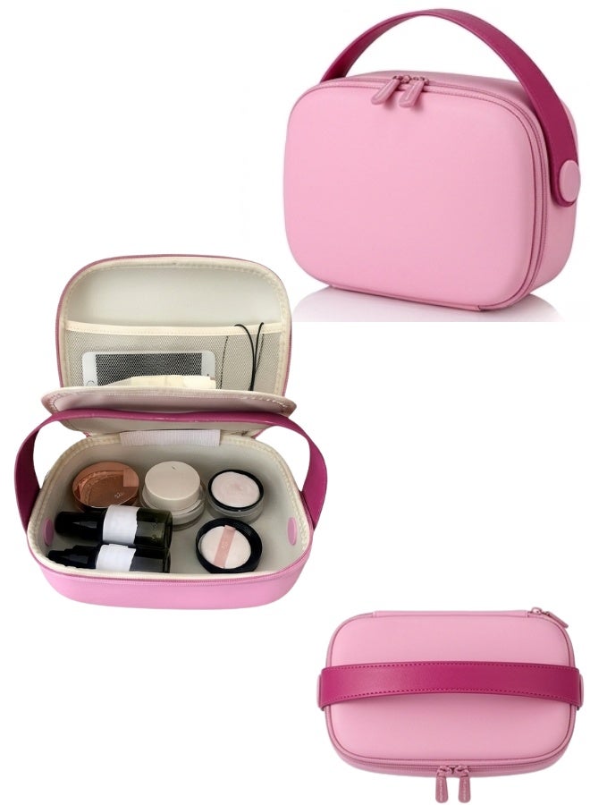 حقيبة مكياج بيضاوية الشكل مزودة بمقبض علوي عريض وسحاب مزدوج؛ حقيبة مكياج أنيقة ومقاومة للصدمات للاستخدام الاحترافي، تحتوي على عدة أقسام داخلية، بما في ذلك جيب شبكي علوي واسع الفتح وأقسام مرنة للفرش؛ مثالية للاستخدام اليومي والسفر. (وردي) - Image 1