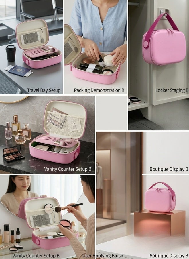 حقيبة مكياج بيضاوية الشكل مزودة بمقبض علوي عريض وسحاب مزدوج؛ حقيبة مكياج أنيقة ومقاومة للصدمات للاستخدام الاحترافي، تحتوي على عدة أقسام داخلية، بما في ذلك جيب شبكي علوي واسع الفتح وأقسام مرنة للفرش؛ مثالية للاستخدام اليومي والسفر. (وردي) - Image 3