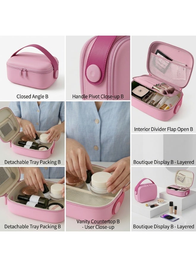 حقيبة مكياج بيضاوية الشكل مزودة بمقبض علوي عريض وسحاب مزدوج؛ حقيبة مكياج أنيقة ومقاومة للصدمات للاستخدام الاحترافي، تحتوي على عدة أقسام داخلية، بما في ذلك جيب شبكي علوي واسع الفتح وأقسام مرنة للفرش؛ مثالية للاستخدام اليومي والسفر. (وردي) - Image 4