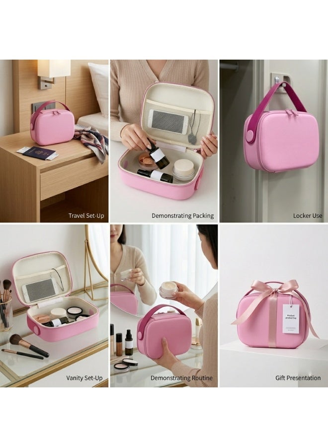 حقيبة مكياج بيضاوية الشكل مزودة بمقبض علوي عريض وسحاب مزدوج؛ حقيبة مكياج أنيقة ومقاومة للصدمات للاستخدام الاحترافي، تحتوي على عدة أقسام داخلية، بما في ذلك جيب شبكي علوي واسع الفتح وأقسام مرنة للفرش؛ مثالية للاستخدام اليومي والسفر. (وردي) - Image 2