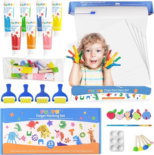 Funto Kids Washable Finger Paint Set 25 PCS Non Toxic Art Painting Supplies for Baby Includes Finger Paint Paper Roll Brush Set Arts Crafts for Toddlers Age 13 - Image 1