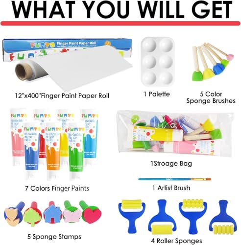 Funto Kids Washable Finger Paint Set 25 PCS Non Toxic Art Painting Supplies for Baby Includes Finger Paint Paper Roll Brush Set Arts Crafts for Toddlers Age 13 - Image 5