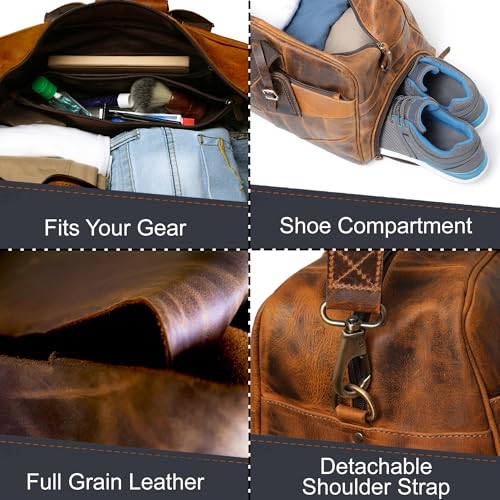 Rustic Town Leather Duffle Bags for Men - Handmade Full Grain Leather Weekender Bag with 2 Shoe Compartment, Underseat Carry On Travel Luggage - Image 3
