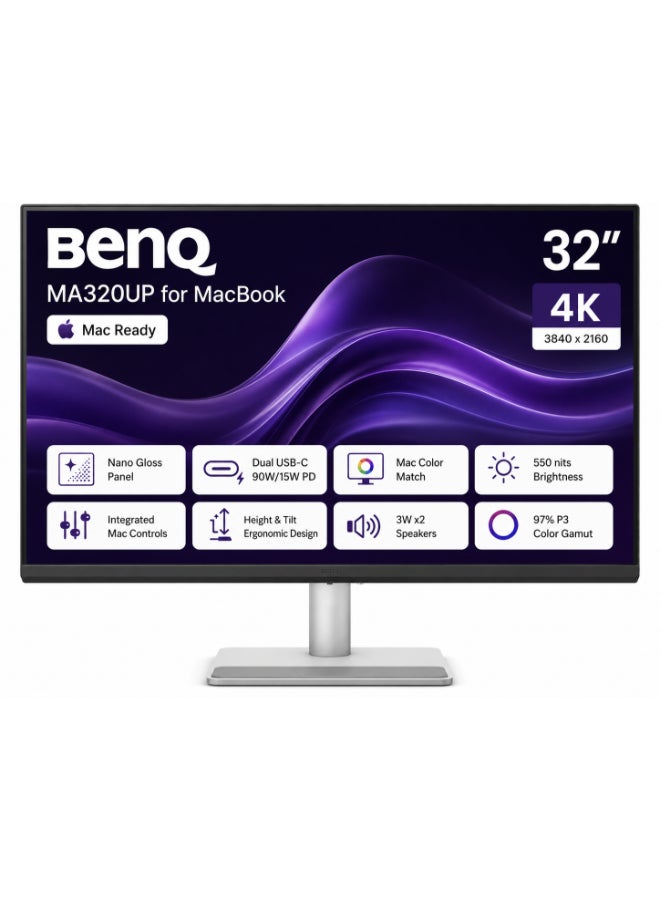 MA320UP 32” 4K 3840x2160 Nano Gloss Monitor for MacBook, Dual USB-C 90W/15W PD,Mac Color Match,550 nits,Integrated Mac Controls,Ergonomic Design,3W x2 Speakers,97% P3 Colors silver