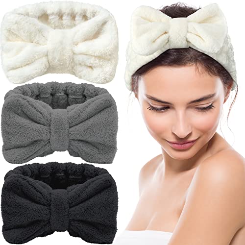 Hicarer 3 Pieces Towel Headbands for Women Makeup Headband for Washing Face Makeup Spa Headband Microfiber Bowtie Shower Headband for Women White Light Gray Black - Image 1