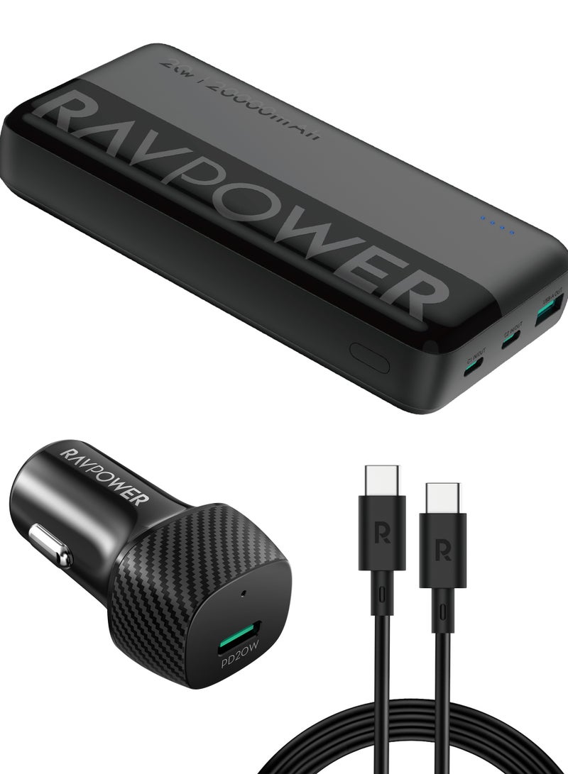 راف باور شاحن سيارة  مع شاحن متنقل 20000 مللي أمبير وكابل USB-C بقوة 60 واط طقم شحن سريع 20 واط للسفر والرحلات والتنقل اليومي RP-VC1015 20000 mAh أسود - Image 1