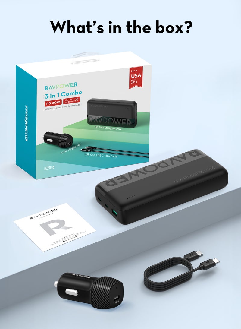 راف باور شاحن سيارة  مع شاحن متنقل 20000 مللي أمبير وكابل USB-C بقوة 60 واط طقم شحن سريع 20 واط للسفر والرحلات والتنقل اليومي RP-VC1015 20000 mAh أسود - Image 2