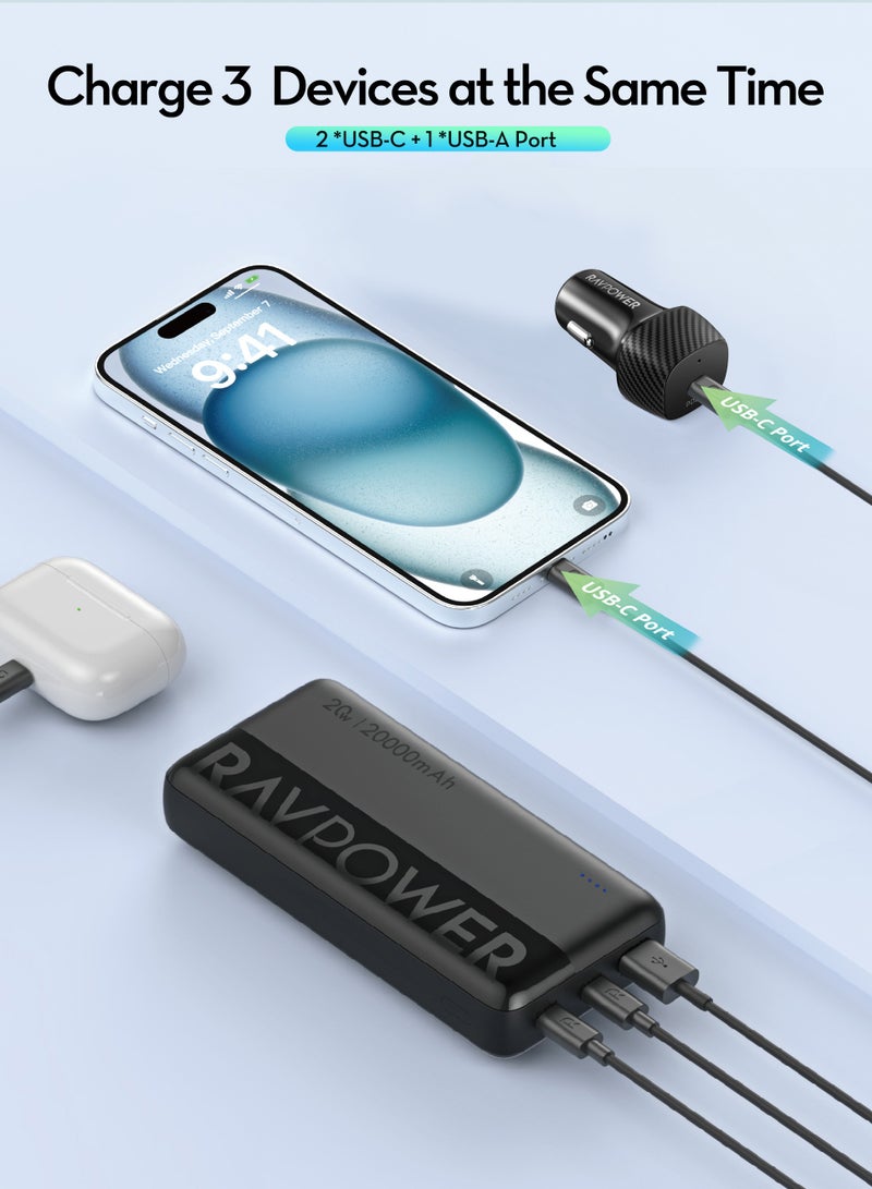 راف باور شاحن سيارة  مع شاحن متنقل 20000 مللي أمبير وكابل USB-C بقوة 60 واط طقم شحن سريع 20 واط للسفر والرحلات والتنقل اليومي RP-VC1015 20000 mAh أسود - Image 3
