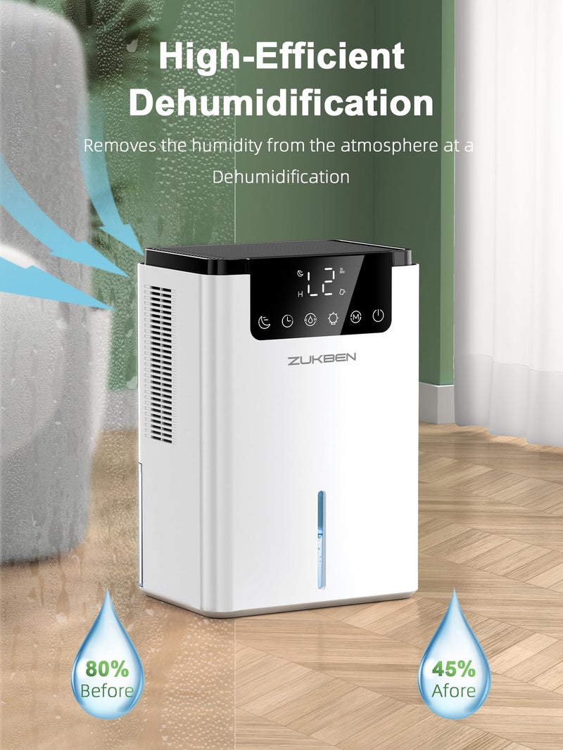 ZUKBEN Dehumidifier,75 OZ Water Tank (500 sq.ft) Dehumidifiers for Home,Quiet Dehumidifier for Bathroom Bedroom Basement RV with 12H Timer,Auto Shut Off,7 Colors LED Light,Sleep Modes(2200ML) - Image 4