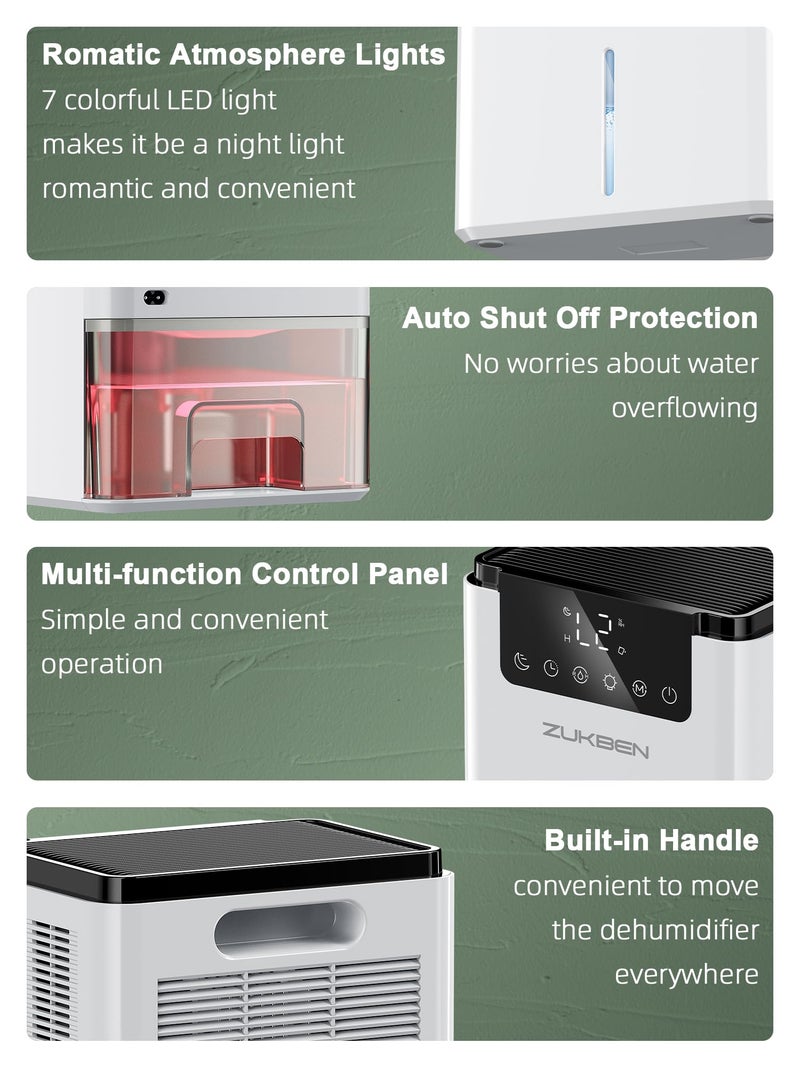 ZUKBEN Dehumidifier,75 OZ Water Tank (500 sq.ft) Dehumidifiers for Home,Quiet Dehumidifier for Bathroom Bedroom Basement RV with 12H Timer,Auto Shut Off,7 Colors LED Light,Sleep Modes(2200ML) - Image 3
