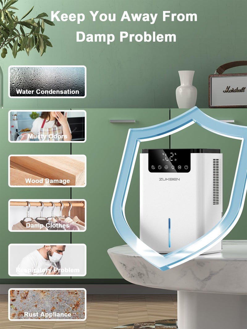 ZUKBEN Dehumidifier,75 OZ Water Tank (500 sq.ft) Dehumidifiers for Home,Quiet Dehumidifier for Bathroom Bedroom Basement RV with 12H Timer,Auto Shut Off,7 Colors LED Light,Sleep Modes(2200ML) - Image 5