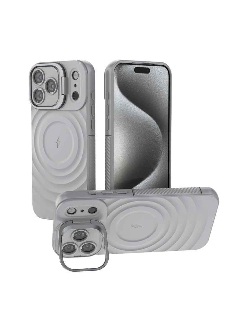 غطاء حمايه لهاتف ايفون 17 برو ماكس جراب ارمور مغناطيسي ياتي بحواف مرتفعة حول الشاشة وعدسة الكاميرا تساعد على منع الخدوش معا استاند للكاميرا - رمادي - Image 1