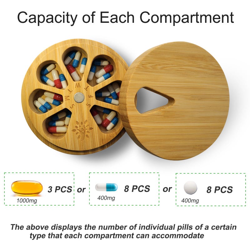 CHIEMOT Bamboo Wood Weekly Pill Organizer for Medicine Vitamin Supplement, Arthritis Friendly 7-Day Pill Box Medium Container Holder, Daily Portable Travel Pill Case Keeper Dispenser - Image 2