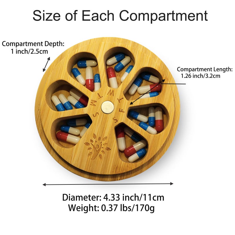 CHIEMOT Bamboo Wood Weekly Pill Organizer for Medicine Vitamin Supplement, Arthritis Friendly 7-Day Pill Box Medium Container Holder, Daily Portable Travel Pill Case Keeper Dispenser - Image 5