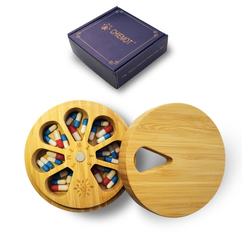 CHIEMOT Bamboo Wood Weekly Pill Organizer for Medicine Vitamin Supplement, Arthritis Friendly 7-Day Pill Box Medium Container Holder, Daily Portable Travel Pill Case Keeper Dispenser - Image 1