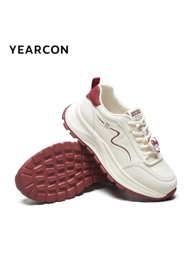 YEARCON Yierkang Women's Shoes, Round Toe, Thick Sole, Height-increasing White Sneakers, Comfortable Casual Flats, 13402w, Beige/red, Size 35 - Image 2