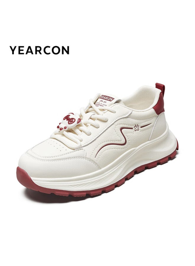 YEARCON Yierkang Women's Shoes, Round Toe, Thick Sole, Height-increasing White Sneakers, Comfortable Casual Flats, 13402w, Beige/red, Size 35 - Image 3