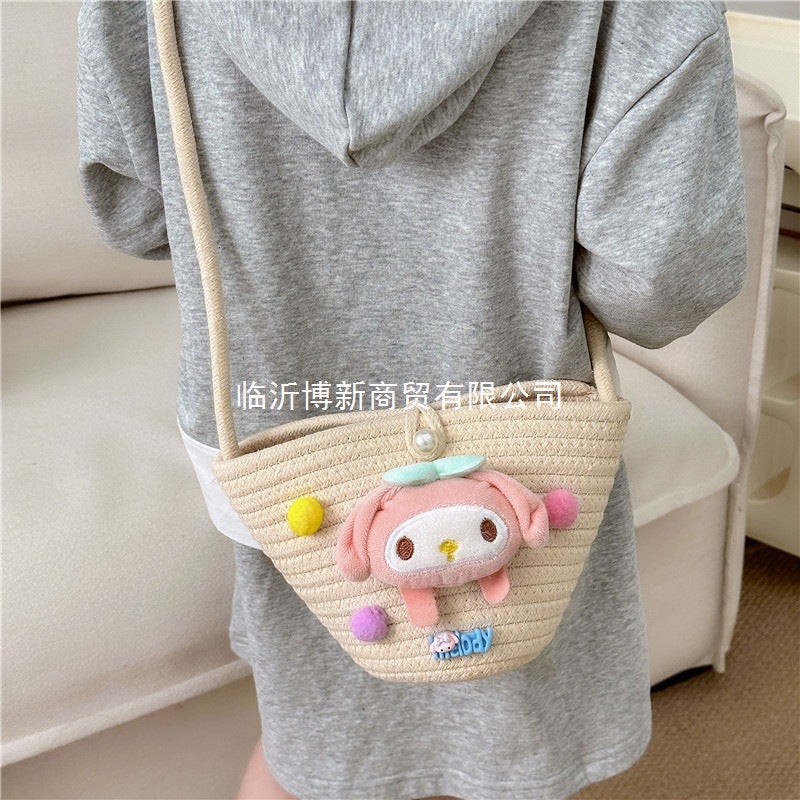 Cute Cartoon Woven Shoulder Bag for Girls, Crossbody Handbag, Candy Color - Image 3