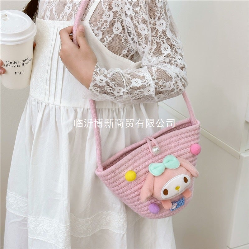 Cute Cartoon Woven Shoulder Bag for Girls, Crossbody Handbag, Candy Color - Image 4