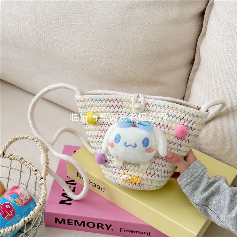 Cute Cartoon Woven Shoulder Bag for Girls, Crossbody Handbag, Candy Color - Image 2