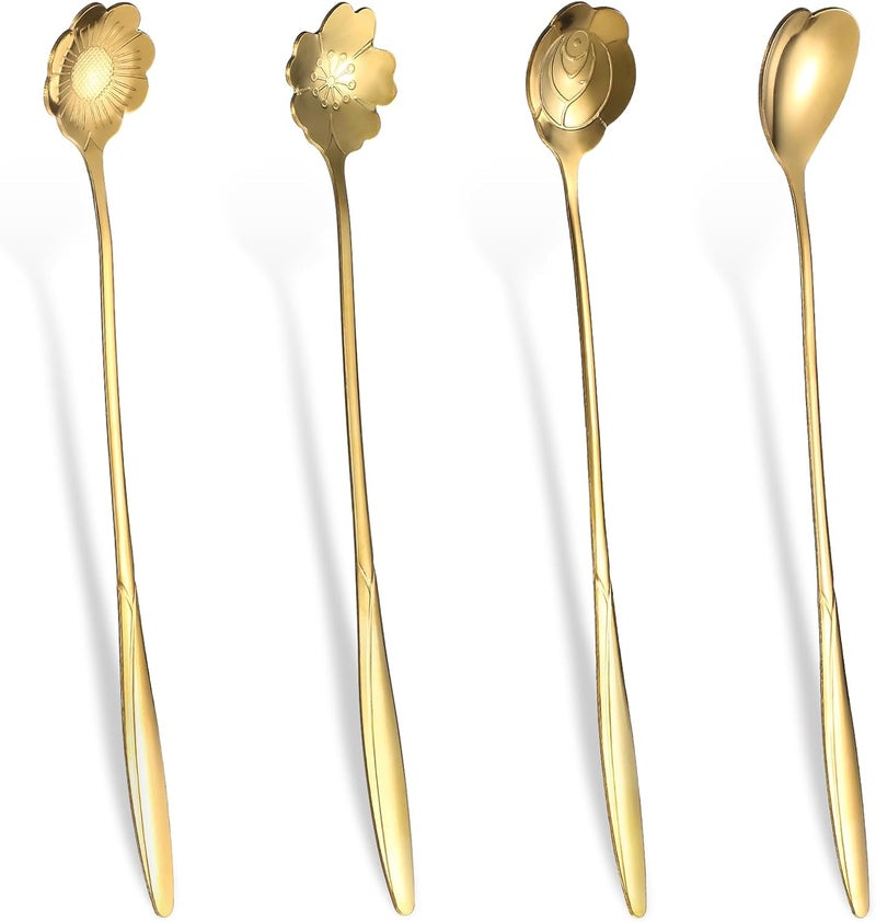 Bruislard 4 Pcs Flower Spoon Coffee Teaspoon 7'' Creative Flower Coffee Spoon Drink Stirring Spoon Stir Bar Spoon Long Handle Spoon Retro Dessert Demitasse Espresso Spoons for Coffee Tea Dessert Ice Cream - Image 1