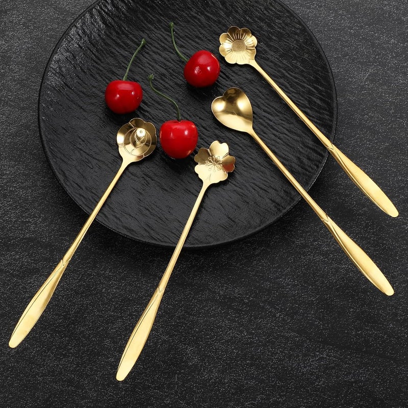 Bruislard 4 Pcs Flower Spoon Coffee Teaspoon 7'' Creative Flower Coffee Spoon Drink Stirring Spoon Stir Bar Spoon Long Handle Spoon Retro Dessert Demitasse Espresso Spoons for Coffee Tea Dessert Ice Cream - Image 4