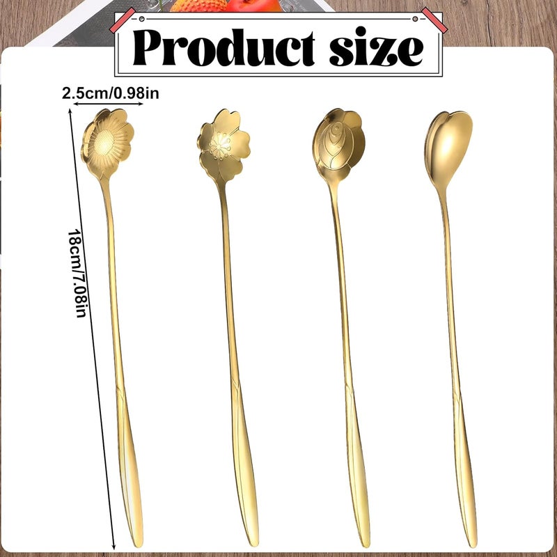Bruislard 4 Pcs Flower Spoon Coffee Teaspoon 7'' Creative Flower Coffee Spoon Drink Stirring Spoon Stir Bar Spoon Long Handle Spoon Retro Dessert Demitasse Espresso Spoons for Coffee Tea Dessert Ice Cream - Image 2