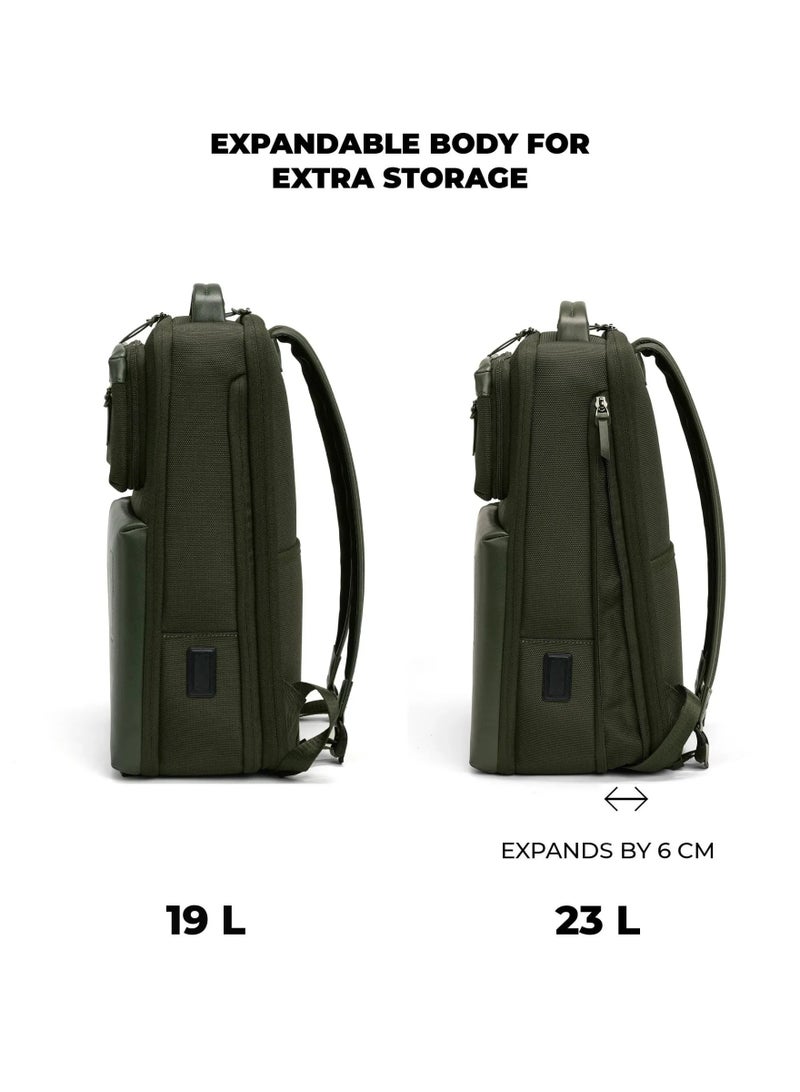 Mokobara Overnighter Backpack 23L | Fits 16-inch Laptop | Water-Resistant Vegan Leather & Nylon | Expandable Design with Luggage Sleeve | 180Â° Tech Compartment Opening | Green (Home Grown Sunray) - Image 4