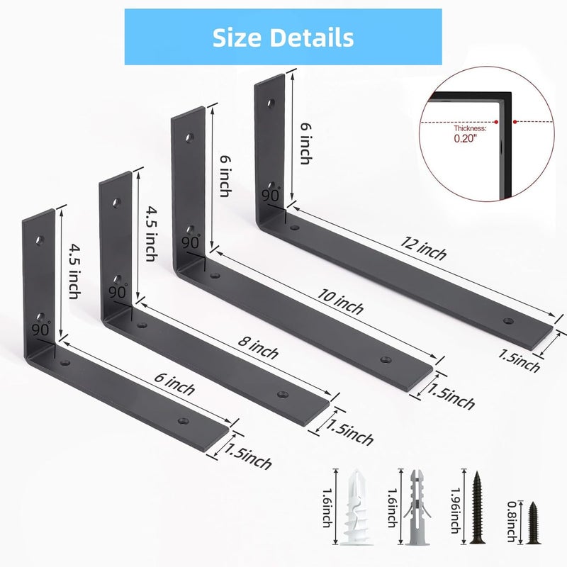 WEKIS 6 Pack Heavy Duty 8 Inch Black Shelf Brackets, L Shelf Bracket 8 Inch for Floating Shelves, 1/5-Inch Thick - Image 5