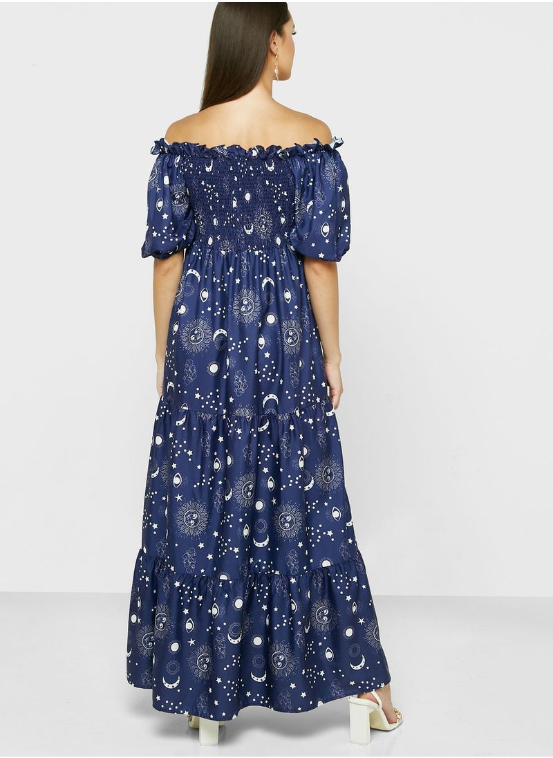 ELLA - Bardot Printed Dress - Image 1