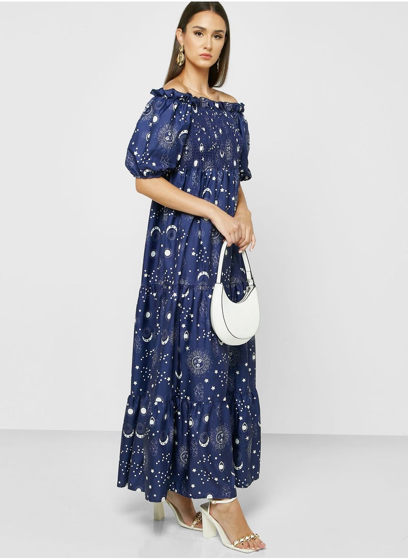 ELLA - Bardot Printed Dress - Image 1