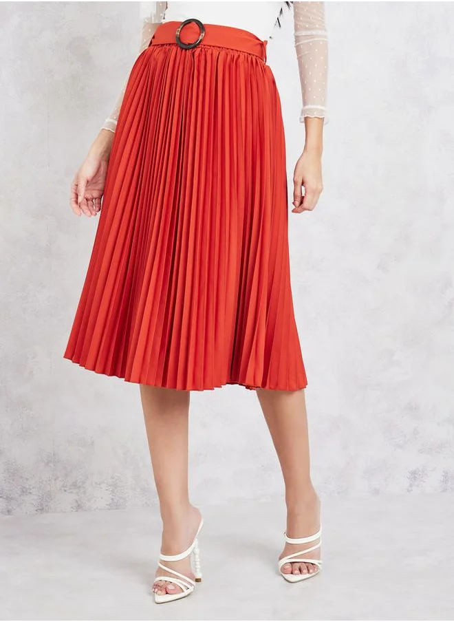 Styli Pleated Midi Skirt with Belt Detail