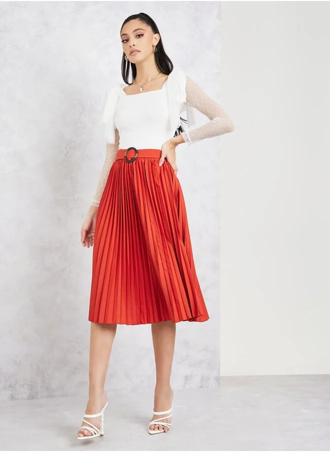 Styli Pleated Midi Skirt with Belt Detail