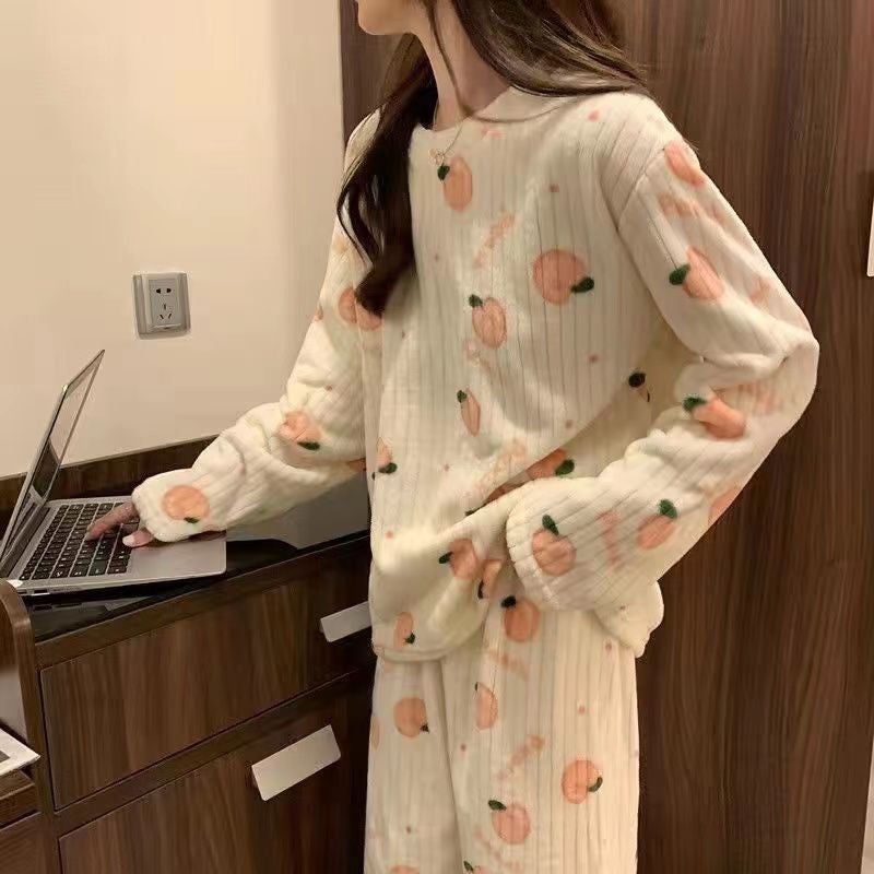 Cute Sweet Pajamas Women Can Wear Coral Fleece Warm Thickened Long Sleeve Home Clothes Suit - Image 3