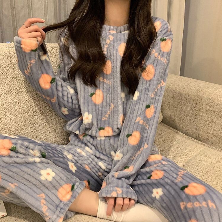 Cute Sweet Pajamas Women Can Wear Coral Fleece Warm Thickened Long Sleeve Home Clothes Suit - Image 4