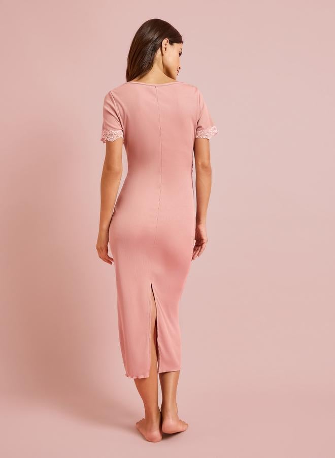 Styli Pink Rib Wrap Over Lace Detail Nightdress - Image 4