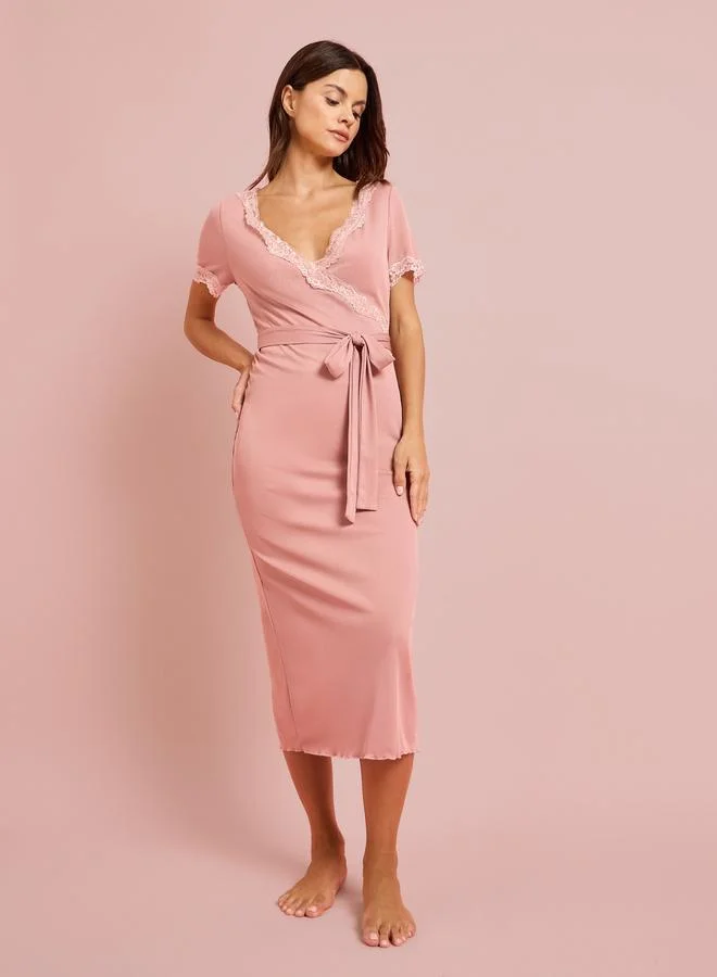 Styli Pink Rib Wrap Over Lace Detail Nightdress