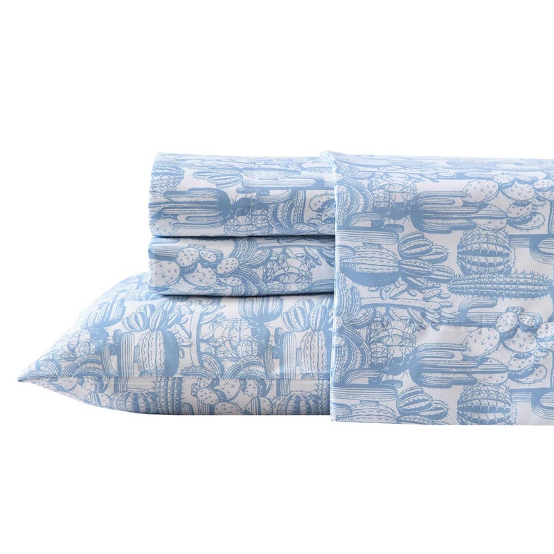 Wrangler - Sheet Set  Breathable & Wrinkle Resistant Bedding with Matching Pillowcases  Yellowstone Inspired  Fully Elasticized (Cactus Toile Blue  Queen) - Image 1