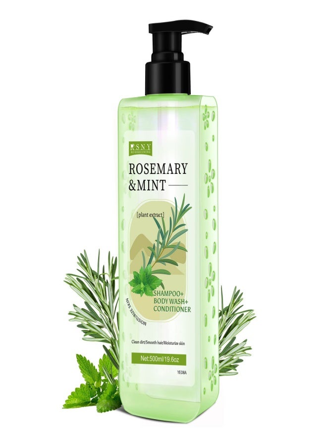 RSNY 500ml Rosemary  Mint 3-in-1 Conditioner Shampoo, Rich Foaming Hair Care With Essential Oils, Shampoo, Body Wash, Enhances Shine, Plant Extract Formula - Image 1