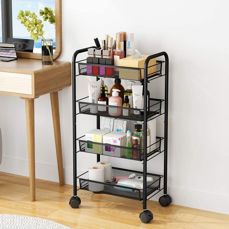 Entraxa Metal 4Tier Rolling Utility Cart Multifunction Storage Organizer with Wheels Easy Assembly for Kitchen OfficeBathroom Black 86 X 29 X 12 cm - Image 4