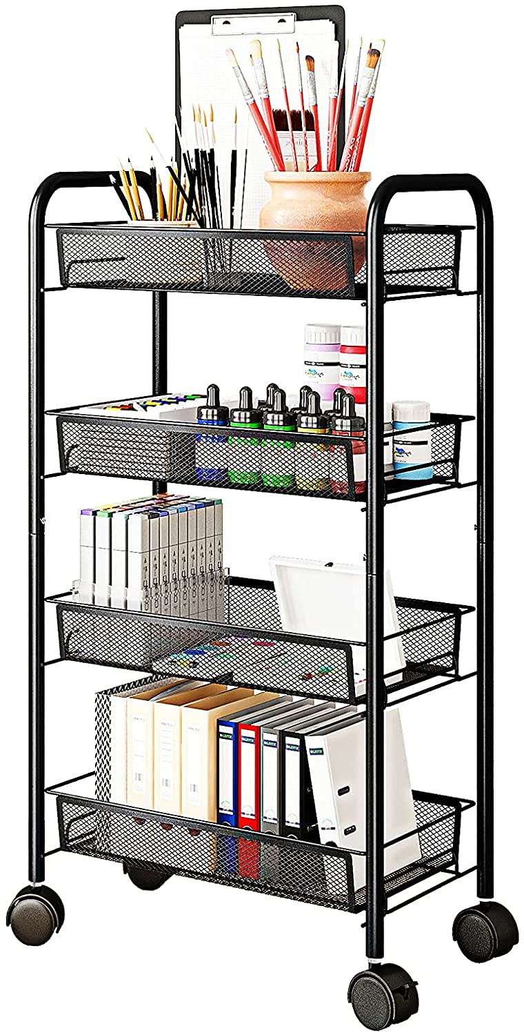 Entraxa Metal 4Tier Rolling Utility Cart Multifunction Storage Organizer with Wheels Easy Assembly for Kitchen OfficeBathroom Black 86 X 29 X 12 cm - Image 1