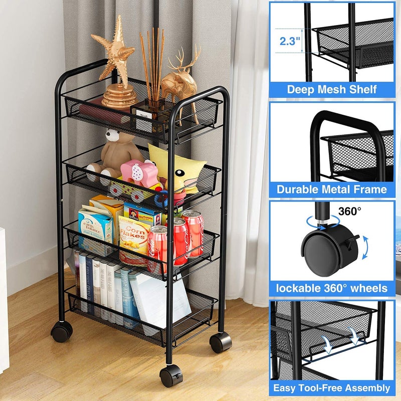 Entraxa Metal 4Tier Rolling Utility Cart Multifunction Storage Organizer with Wheels Easy Assembly for Kitchen OfficeBathroom Black 86 X 29 X 12 cm - Image 2