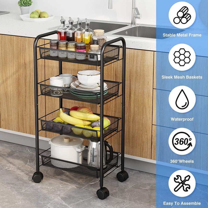 Entraxa Metal 4Tier Rolling Utility Cart Multifunction Storage Organizer with Wheels Easy Assembly for Kitchen OfficeBathroom Black 86 X 29 X 12 cm - Image 3
