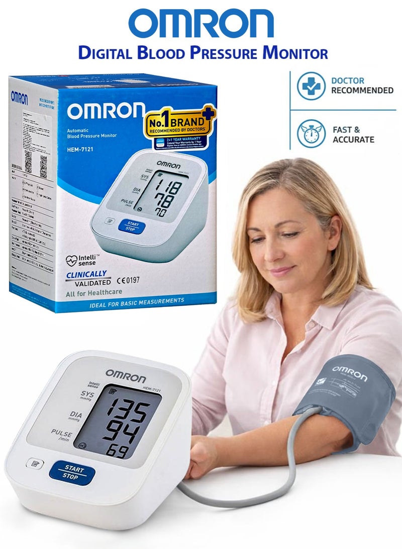 أومرون جهاز قياس ضغط الدم أومرون HEM7121 أوتوماتيك للذراع جهاز ضغط رقمي منزلي لقياس ضغط الدم والنبض معتمد سريرياً بتقنية إنتيلي سينس IntelliSense مؤشر ارتفاع الضغط كشف عدم انتظام ضربات القلب كشف حركة الجسم دليل ربط الكفة تخزين 30 قراءة تشغيل بلمسة واحدة قياس دقيق ومريح - Image 1