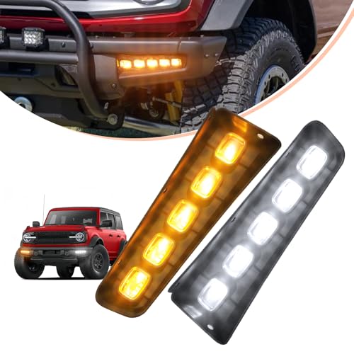 CFDSDE Hood Lights for 2024 Ford Bronco Accessories 2025 20212023 Black LED Fog Lights with Amber Turn Signal DRL 24 Door with 5 LEDs