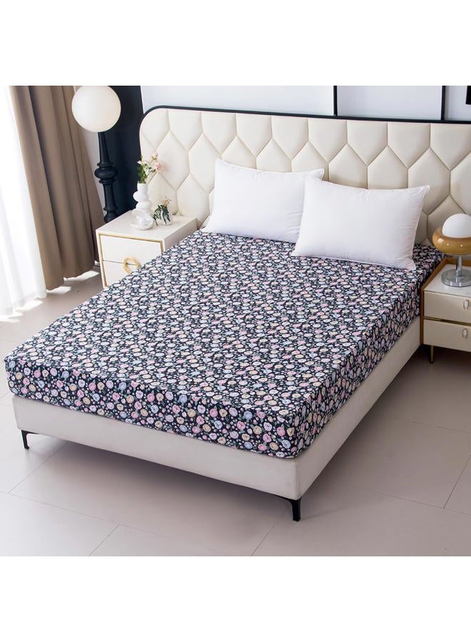 NATURETY Bedding Fitted Sheet with Deep Pocket,Colorful Floral Printed Fabric Bed Sheets(Black Flower,Twin) - Image 1