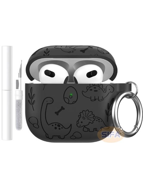 AirPods 4th Generation Case, Engraved AirPod 4 Case with Cleaner Kit, Soft Silicone Skin Protective Case for Women Men with Keychain for Airpods 4 2024, Dinosaur Deep Grey