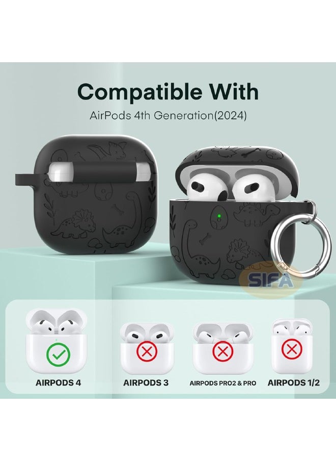AirPods 4th Generation Case, Engraved AirPod 4 Case with Cleaner Kit, Soft Silicone Skin Protective Case for Women Men with Keychain for Airpods 4 2024, Dinosaur Deep Grey