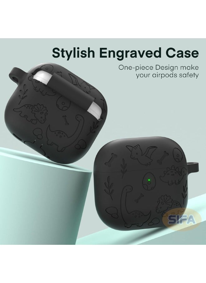 AirPods 4th Generation Case, Engraved AirPod 4 Case with Cleaner Kit, Soft Silicone Skin Protective Case for Women Men with Keychain for Airpods 4 2024, Dinosaur Deep Grey